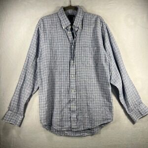 Lands End Baird Mcnutt Irish Linen Plaid Button Down Shirt Mens Large Blue White